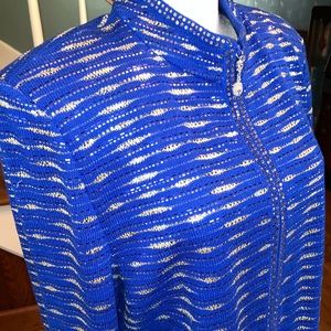 St. John Evening by Marie Gray, Blue & Silver Sparkle Sweater Jacket Size 12